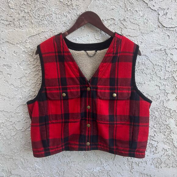 Banana Republic Reversible Wool Sherpa Plaid Vest Corduroy Trim Size M - Picture 2 of 8
